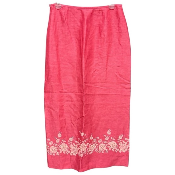 Ann Taylor Size 6 Pink Coral Linen Maxi Skirt Floral Embroidered Beaded Hem‎ - Picture 4 of 11